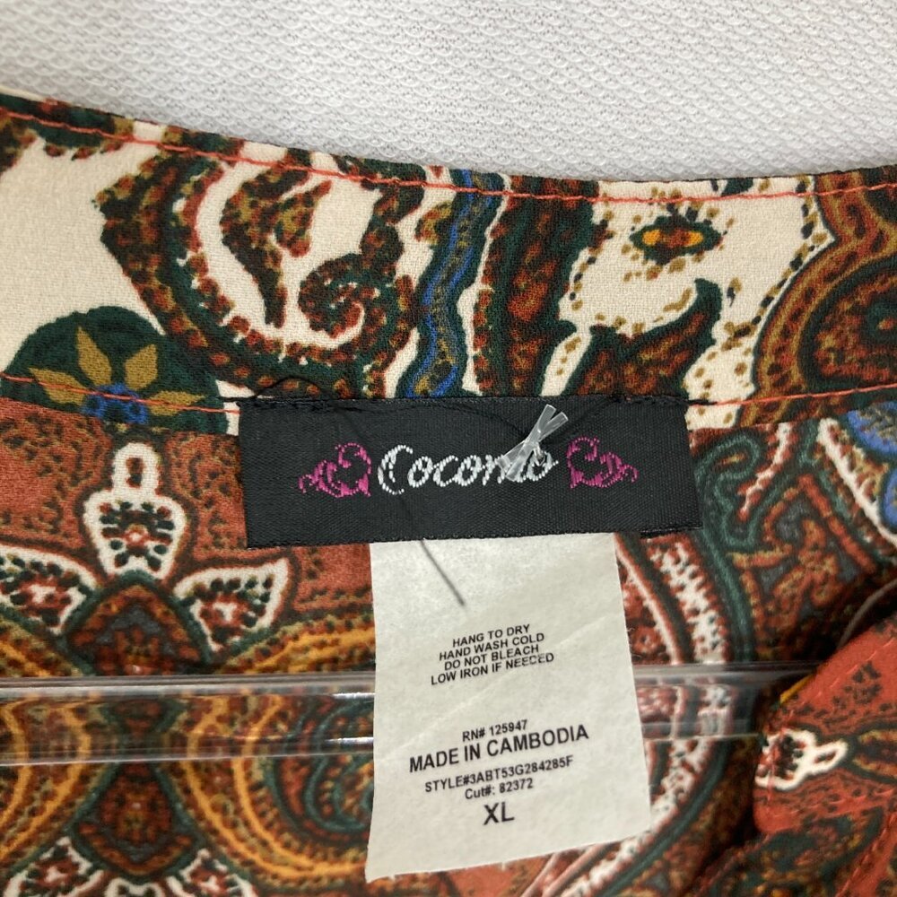 New Cocomo size XL‎ V Neck 3/4 Sleeve Brown Boho Abstract Print Popover Blouse - Picture 2 of 9